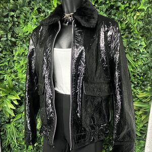 7 FOR ALL MAN KIND Women Jacket Small Black Leather Lamb Fur Collar $695 NW 1610
